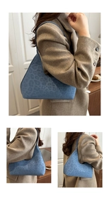 Close-up of blue leopard print shoulder bag with suede texture and crescent shape