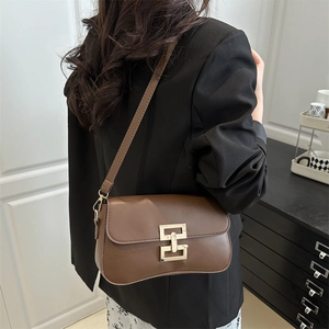 Minimalist vintage dark brown crossbody chain bag with golden geometric metal buckle