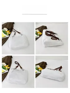 Detailed views of a white plush tote bag featuring a brown HOOTO logo and metal chain strap