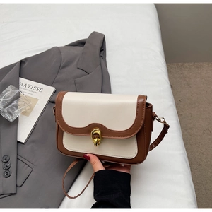 Detail of a vintage retro colorblock crossbody bag with gold metal clasp and leather texture