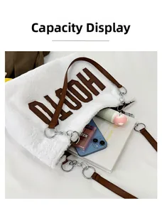 Macro shot showing large capacity of the white plush tote bag with various daily essentials