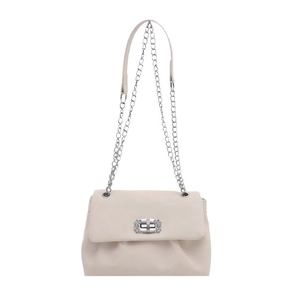 Elegant cream square crossbody bag with rhinestone buckle and silver chain strap