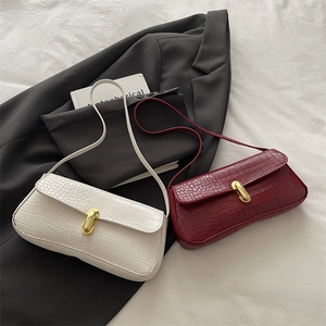 French style crocodile pattern baguette bags in white and burgundy with gold buckles