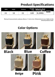 Size chart showing cube pearl handbag dimensions 11x12x11cm with five color options