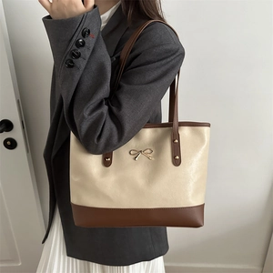 Large Capacity PU Leather Tote Bag For Women With Bow Decoration Elegant Stitching Shoulder Handbag For Ladies Casual