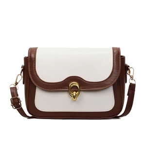Classic white and brown two-tone crossbody square bag with golden double-ring twist lock