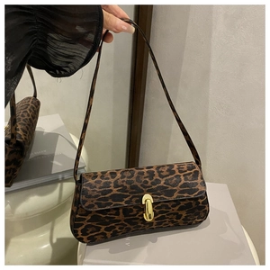 Close-up of leopard print underarm bag with gold oval buckle and sleek shoulder strap
