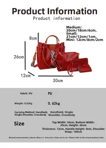 Size chart showing dimensions for the 4-piece set of stylish red PU leather handbags