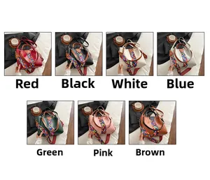 Collage of leather handbags in seven colors with geometric patterned woven straps