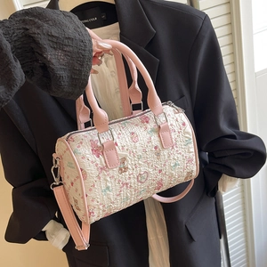 Sac Boston pour Femmes Imprimé Dessin Animé Petit Sac à Épaule Cylindre en Polyester Sac à Main Douce Avec Bandoulière