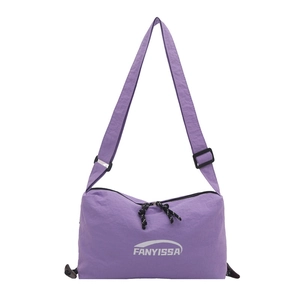 Fashionable purple nylon crossbody dumpling bag with white logo and adjustable strap