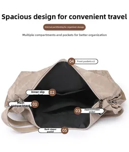 Detail view of khaki canvas tote showing main compartment and multiple inner pockets