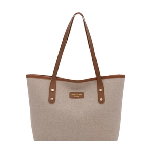 Minimalistische beige gewebte Tragetasche mit braunem Ledergriff und Markenlogo