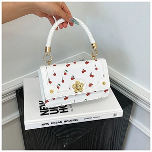 Detail of white handbag with cherry prints and golden flower lock on white books