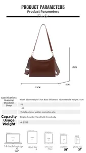 Detailed dimension chart showing 23x17x10cm size and capacity for a brown PU leather bag