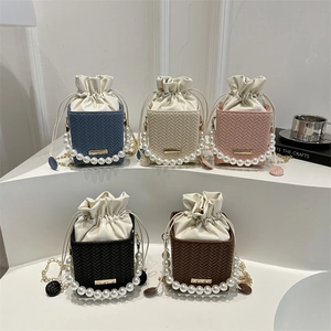 Women Woven Small Square Shoulder Bag Artificial Pearl Handle Fashion Mini Drawstring Bucket Crossbody Bag With Gold Chain Handbag