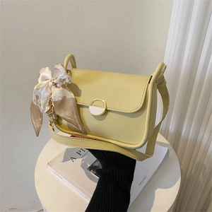 Women Fashion Synthetic Leather Shoulder Bag With Silk Scarf Decor Small Square Crossbody Bag Circular Metal Clasp Purse