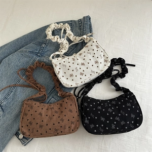 Women Ruched Handle Canvas Underarm Bag Vintage Heart Bow Print Shoulder Bag Small Square Crossbody Purse For Daily Wear