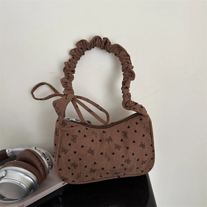 Brown corduroy handbag with heart bow prints and scrunchie handle for women