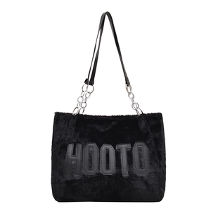 Furry black tote bag with HOOTO letter patch and silver chain leather handle