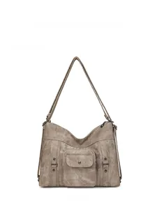 Front view of khaki canvas tote bag with front pocket, rivet details and long strap