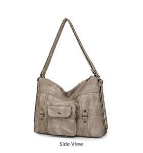 Side view of retro khaki shoulder bag with canvas texture and decorative front pocket