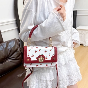 Women's Sweet Cherry Print Handbag Fresh Style Synthetic Leather Shoulder Crossbody Bag With Flower Buckle Braided Handle