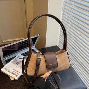 Vintage PU Leather Splicing Baguette Shoulder Bag For Women Fashion Commuter Handbag With Adjustable Strap Daily Bag