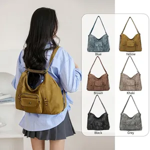 Retro Large Capacity Tote Bag Women Synthetic Leather Multi-Pocket Shoulder Messenger Handbag Daily Commuting Office Bag