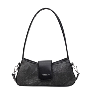 Chic black denim baguette bag with leather strap and white logo for modern urban styling