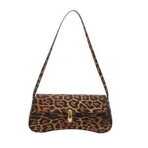 Chic leopard print underarm bag with gold metal buckle and vintage baguette silhouette