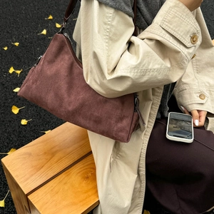 Brown suede shoulder bag for women with large capacity and elegant faux leather strap