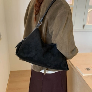 Black suede hobo shoulder bag with large capacity and adjustable leather strap