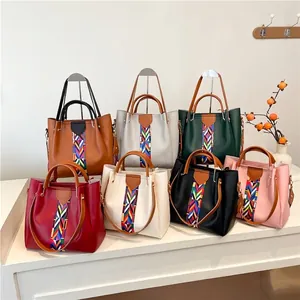 Fashion Synthetic Leather Tote Bag With Colorful Geometric Woven Strap Women Shoulder Crossbody Bag Clutch Card Holder