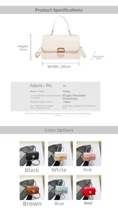 Detailed size chart and multi-color swatches of minimalist PU leather crossbody bag