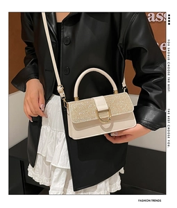 Detail of a beige handbag with gold sequins and a horseshoe metal clasp on a black jacket