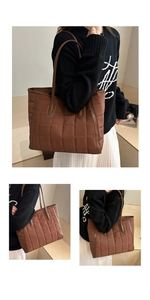Detail of a brown quilted tote bag showing large capacity and soft glossy material