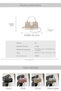 Detail showing bag dimensions and various colors like black, pink, and silver with D buckle