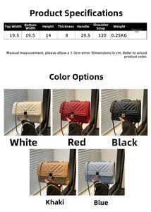 Detailed sizing chart showing dimensions of the quilted PU chain crossbody bag in five colors