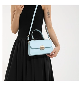 Light blue minimalist handbag with gold clasp lock worn over a black dress