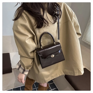 Detailed view of the dark brown glossy leather small square bag with golden turn-lock closure