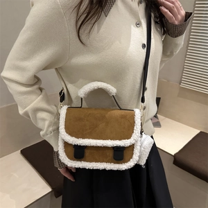 Brown suede crossbody bag with white faux fur trim and matching mini coin purse