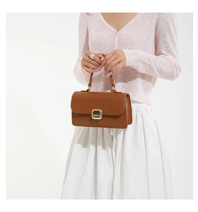 Detailed view of brown leather handbag with gold metal clasp and top handle for women