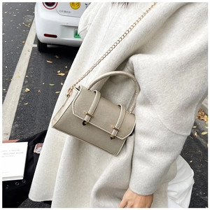 Détail d'un mini sac bandoulière beige doré avec chaîne dorée sur un manteau d'automne