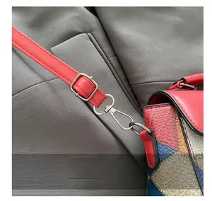 Detail of adjustable metal buckle and red leather strap on multi-color paneled handbag