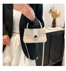 Detail showing cream leather box bag with sequined flap and silver metallic clasp