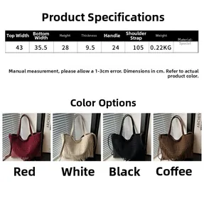 Tabella taglie dettagliata e dimensioni per la borsa tote intrecciata con frange in colori