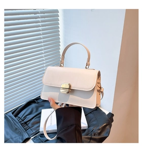 Detail of cream rectangular handbag with gold twist lock and fine leather texture