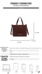 Detailed size guide for brown PU leather bucket bag with dimensions and capacity info