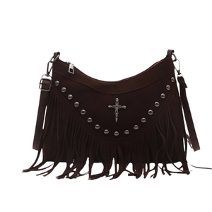 Borsa a tracolla retrò in pelle scamosciata marrone con frange e croce gotica